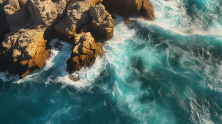 a cliff with waves, in the style of birds-eye-view, turquoise and gold, serene maritime themesの素材