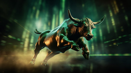 Green Bull market run on border upward presents uptrend stock market, Financial and business conceptの素材
