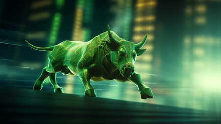Green Bull market run on border upward presents uptrend stock market, Financial and business conceptの素材