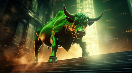 Green Bull market run on border upward presents uptrend stock market, Financial and business conceptの素材