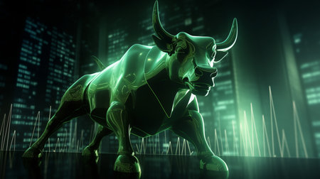 Green Bull market run on border upward presents uptrend stock market, Financial and business conceptの素材