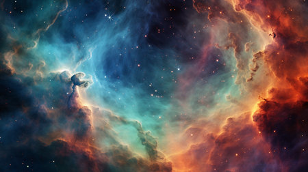 The pillars of creation, colorful gas nebula, tiny specs of bright white stars, diffraction spikes on stars, amazing beauty, contrast, aquamarine and orange and purple color tonesの素材
