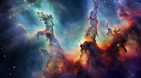 The pillars of creation, colorful gas nebula, tiny specs of bright white stars, diffraction spikes on stars, amazing beauty, contrast, aquamarine and orange and purple color tonesの素材