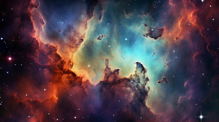The pillars of creation, colorful gas nebula, tiny specs of bright white stars, diffraction spikes on stars, amazing beauty, contrast, aquamarine and orange and purple color tonesの素材