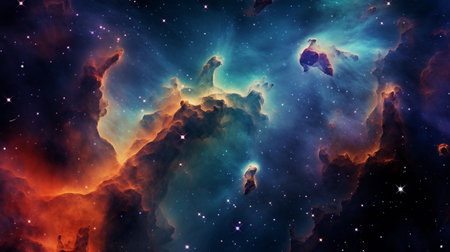 The pillars of creation, colorful gas nebula, tiny specs of bright white stars, diffraction spikes on stars, amazing beauty, contrast, aquamarine and orange and purple color tonesの素材