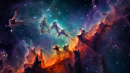 The pillars of creation, colorful gas nebula, tiny specs of bright white stars, diffraction spikes on stars, amazing beauty, contrast, aquamarine and orange and purple color tonesの素材