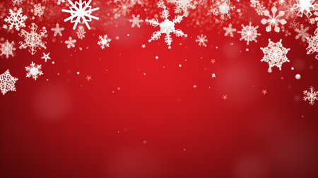 Red christmas banner with snowflakes. Merry Christmas and Happy New Year greeting banner. Horizontal new year background, headers, posters, cards, website.の素材