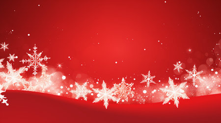 Red christmas banner with snowflakes. Merry Christmas and Happy New Year greeting banner. Horizontal new year background, headers, posters, cards, website.の素材