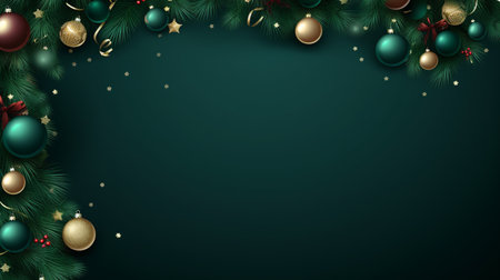 Realistic Christmas decor with firs background banner with blank space for text, confetti, candy canes and christmas tree balls. vector on dark green backgroundの素材