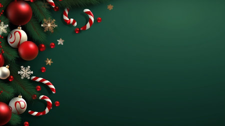 Realistic Christmas decor with firs background banner with blank space for text, confetti, candy canes and christmas tree balls. vector on dark green backgroundの素材