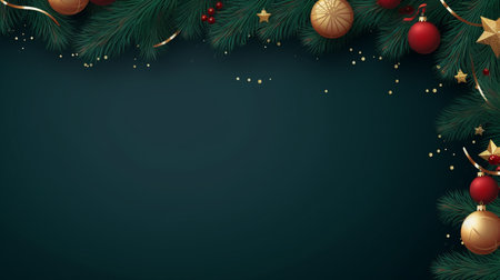 Realistic Christmas decor with firs background banner with blank space for text, confetti, candy canes and christmas tree balls. vector on dark green backgroundの素材