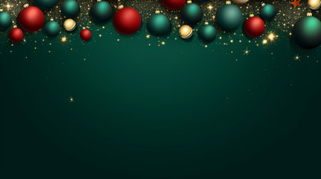 Realistic Christmas decor with firs background banner with blank space for text, confetti, candy canes and christmas tree balls. vector on dark green backgroundの素材