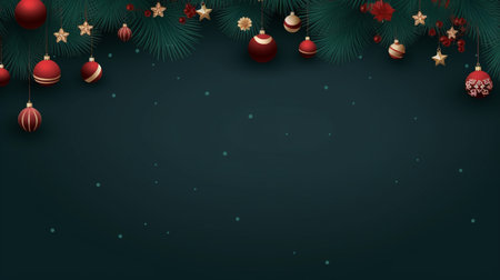 Realistic Christmas decor with firs background banner with blank space for text, confetti, candy canes and christmas tree balls. vector on dark green backgroundの素材