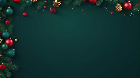 Realistic Christmas decor with firs background banner with blank space for text, confetti, candy canes and christmas tree balls. vector on dark green backgroundの素材
