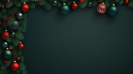 Realistic Christmas decor with firs background banner with blank space for text, confetti, candy canes and christmas tree balls. vector on dark green backgroundの素材
