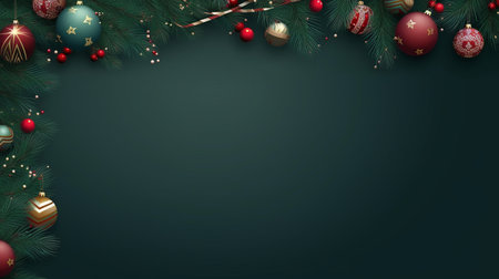 Realistic Christmas decor with firs background banner with blank space for text, confetti, candy canes and christmas tree balls. vector on dark green backgroundの素材