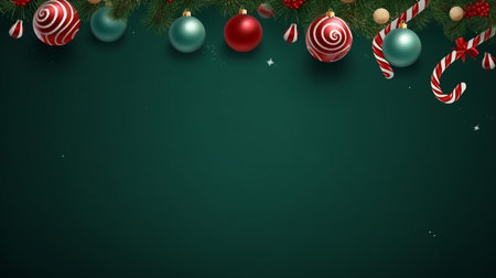 Realistic Christmas decor with firs background banner with blank space for text, confetti, candy canes and christmas tree balls. vector on dark green backgroundの素材