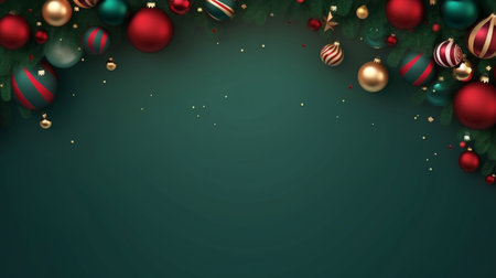 Realistic Christmas decor with firs background banner with blank space for text, confetti, candy canes and christmas tree balls. vector on dark green backgroundの素材