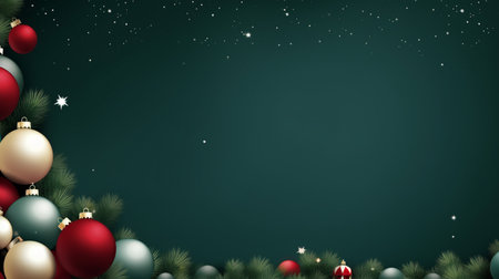 Realistic Christmas decor with firs background banner with blank space for text, confetti, candy canes and christmas tree balls. vector on dark green backgroundの素材