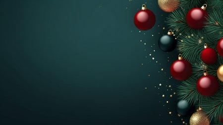 Realistic Christmas decor with firs background banner with blank space for text, confetti, candy canes and christmas tree balls. vector on dark green backgroundの素材