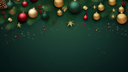 Realistic Christmas decor with firs background banner with blank space for text, confetti, candy canes and christmas tree balls. vector on dark green backgroundの素材