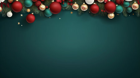 Realistic Christmas decor with firs background banner with blank space for text, confetti, candy canes and christmas tree balls. vector on dark green backgroundの素材