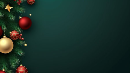Realistic Christmas decor with firs background banner with blank space for text, confetti, candy canes and christmas tree balls. vector on dark green backgroundの素材