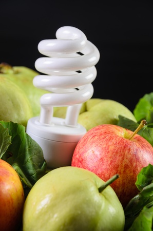 fresh fruit and vegetables on a black background の写真素材