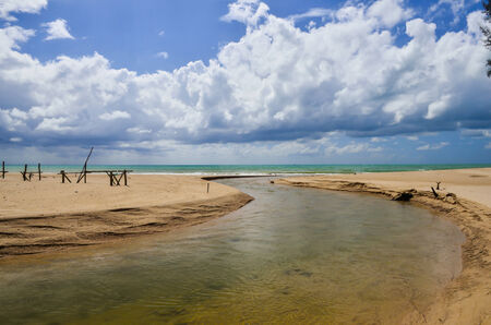 Sandy beach with blue sky and cloudsの写真素材