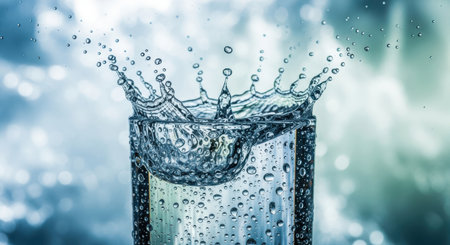 A dynamic splash of water erupts from a clear glass capturing the essence of refreshment and purityの素材