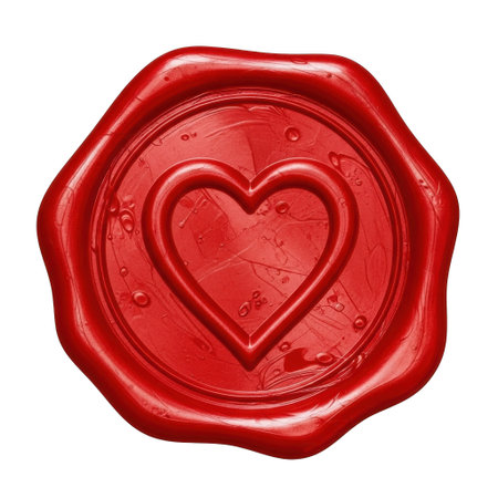 A close-up image of a bright red wax seal featuring a heart design in the center. The seal has a smooth, glossy finish and is set against a plain white background.の素材