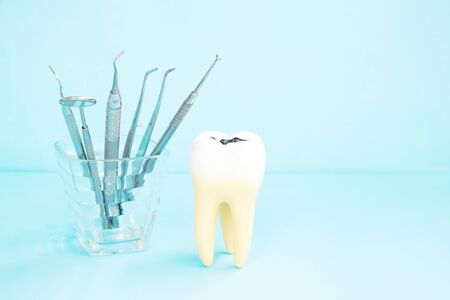 tooth anatomy on blue background.の写真素材