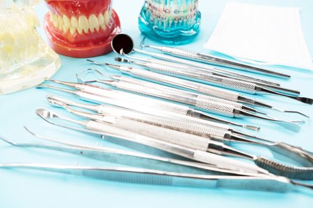 orthodontic model and dentist tool - demonstration teeth model of varities of orthodontic bracket or braceの写真素材