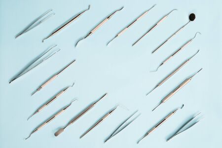dentist tools  on color background, flat lay, top vipw.の写真素材