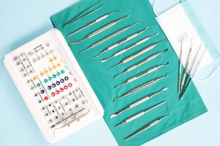 Tool set of implant surgical kit for dentist in the office or clinic; flat lay; top vipw.の写真素材