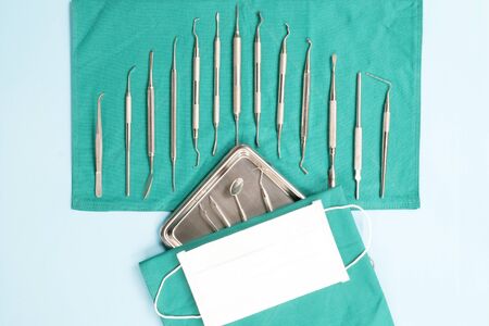 dentist tools  on color background, flat lay, top vipw.の写真素材