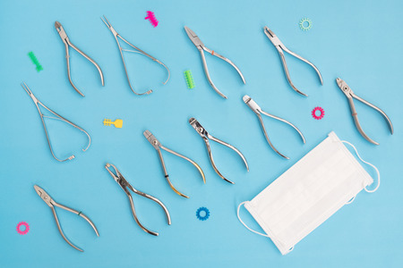 Orthodontic appliance tools set in the clinic for dentist to work; flat lay; top vipw.の写真素材