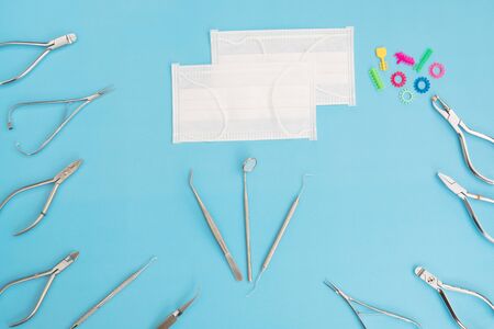 Orthodontic appliance tools set in the clinic for dentist to work; flat lay; top vipw.の写真素材