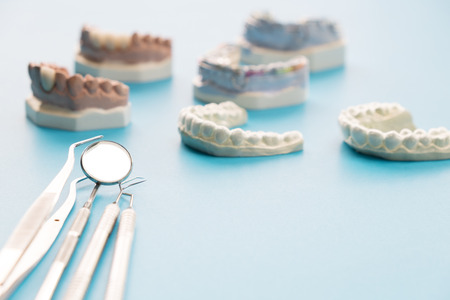 porsthodontic model and dentist tool - demonstration teeth model of varities of porsthodontic bracket or braceの写真素材
