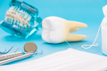 orthodontic model and dentist tool - demonstration teeth model of varities of orthodontic bracket or braceの写真素材