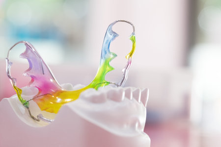 Dental retainer orthodontic appliance on the colour background.