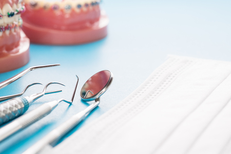 orthodontic model and dentist tool - demonstration teeth model of varities of orthodontic bracket or braceの写真素材