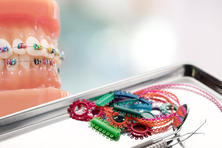 orthodontic model and dentist tool, demonstration teeth model of varieties of orthodontic bracket or...