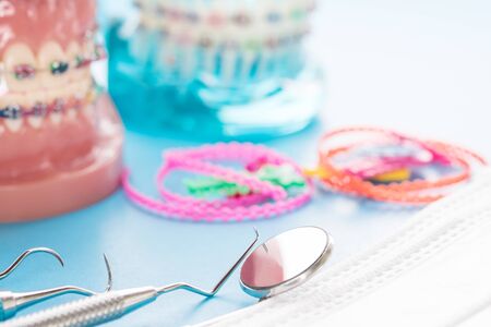 orthodontic model and dentist tool, demonstration teeth model of varieties of orthodontic bracket or braceの写真素材