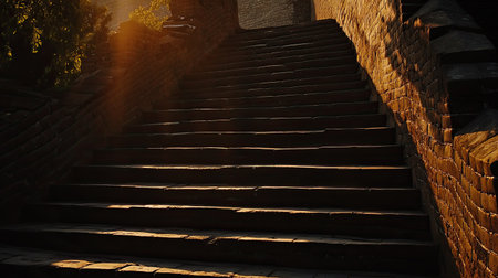 Beautiful stone steps illuminated by golden sunlight create a serene atmosphere. This image captures the historic charm and intricate texture of ancient architecture, inviting exploration.の素材
