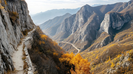 A breathtaking view of a winding pathway through majestic mountains adorned with vibrant autumn foliage, capturing the essence of nature's beauty.の素材