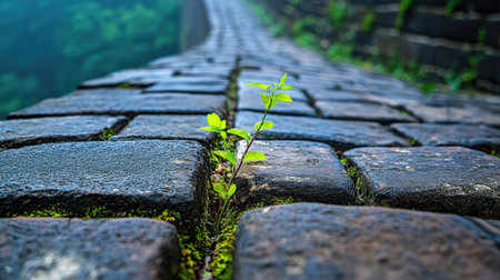 A resilient green plant emerges between cobblestones, showcasing nature's ability to thrive. This image captures the beauty of life amidst urban structures.の素材