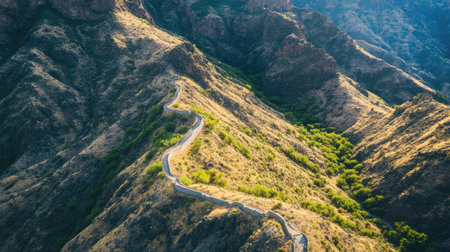 Explore the stunning aerial view showcasing a winding path through rugged mountains, illuminated by sunlight, revealing nature's breathtaking beauty and adventure.の素材