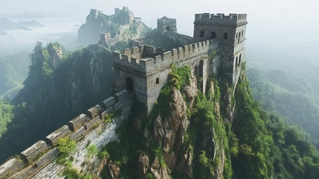 An impressive aerial view of an ancient fortress perched on mountainous terrain, shrouded in mist and surrounded by lush greenery, inspiring a sense of adventure.の素材