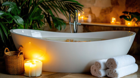 Experience ultimate relaxation in a stylish bath setup with soft lighting, soothing candles, and lush greenery, creating a tranquil spa atmosphere at home.の素材